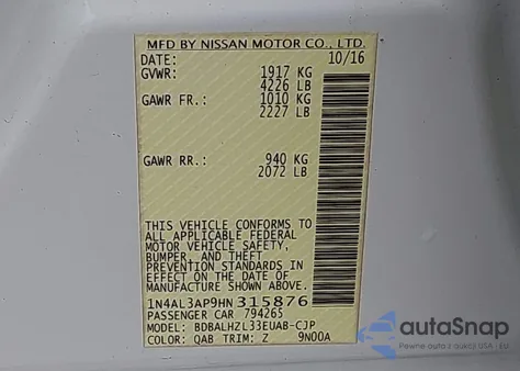 2017 Nissan Altima 2.5 Sr from USA, damaged, VIN 1N4AL3AP9HN315876